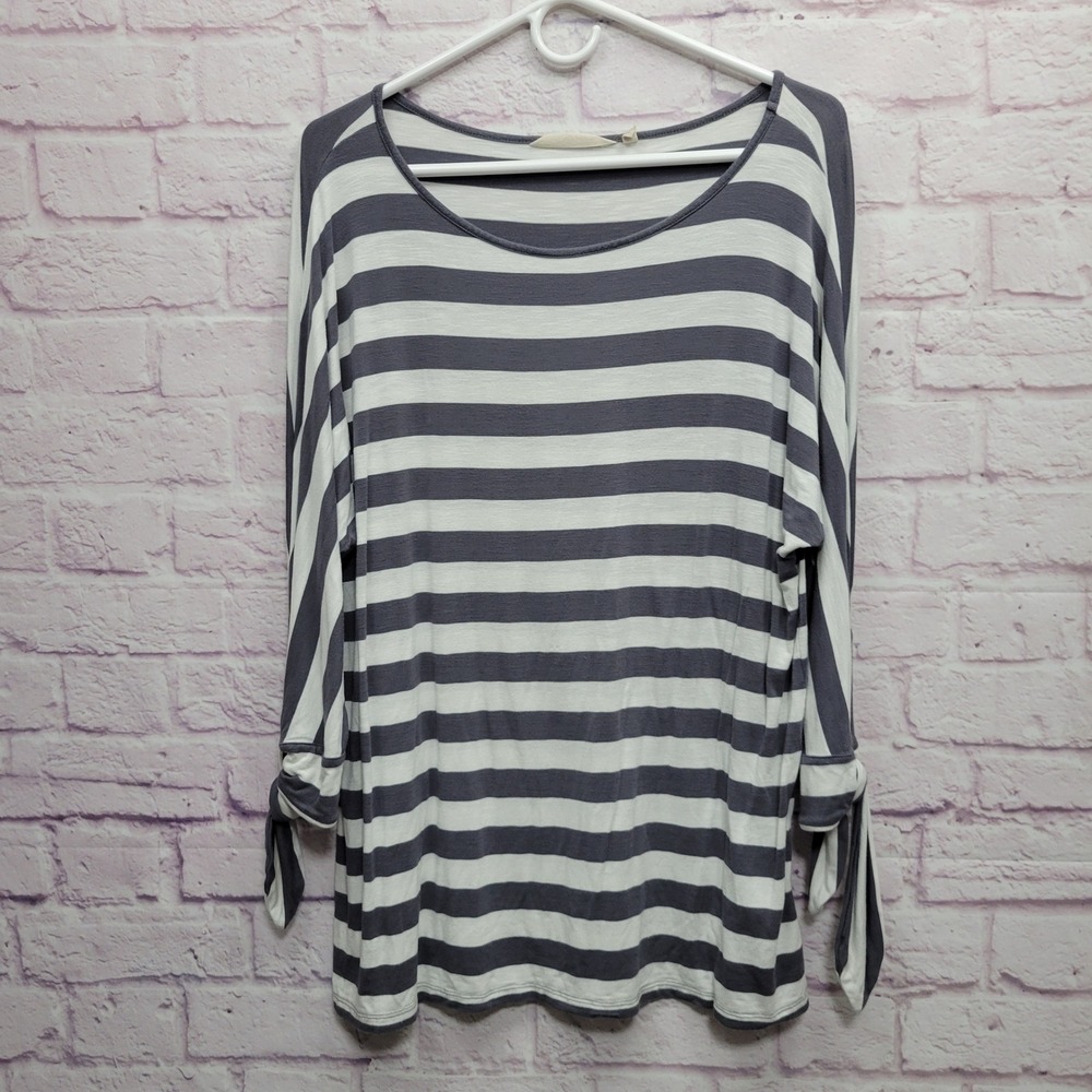 Soft Surroundings Stripe Tunic Top L Oversize Tie Sleeve Boho Coastal Minimalist